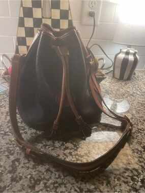 Pebbled Drawstring Shoulder Bucket Bag in Black and Brown
